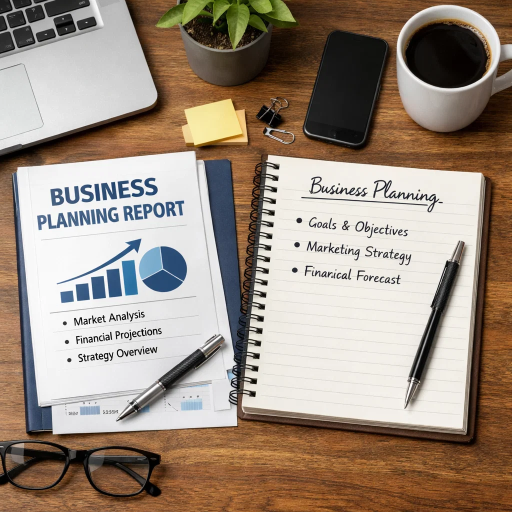 Business planning report and notebook on desk