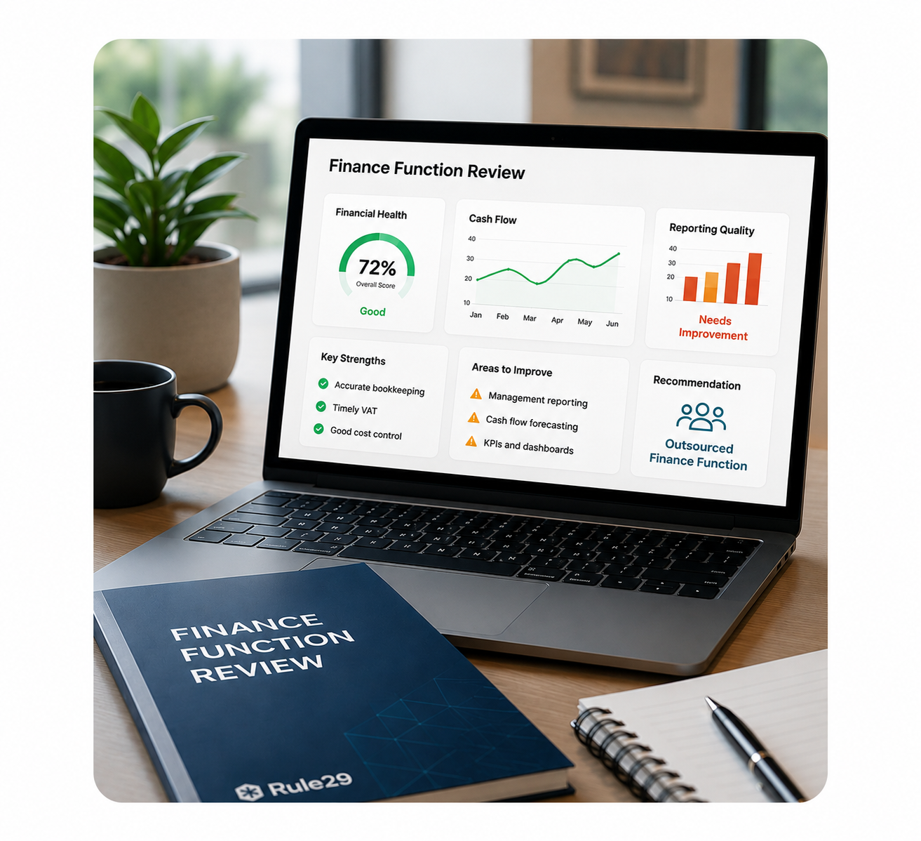 Finance Function Review dashboard showing financial visibility, cash flow, reporting quality and outsourced finance function recommendations